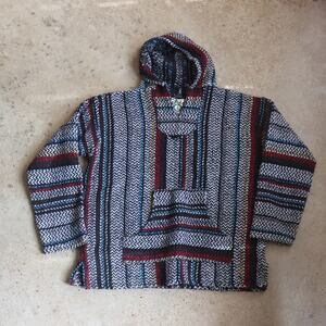 Vintage Baja Joe Baja Hoodie Drug Rug Multicolor Striped Woven Pullover